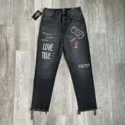 PRPS Goods High Waist Boyfriend Jeans Womens 26 Black Amx Love Note Pop Art