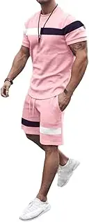 [NEUJD] Summer Men's two piece short set outfits fashion Shirt Suits Printing T shirt with shorts.Men's 2 Piece Summer。, Pink, Medium