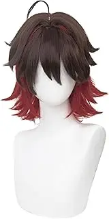 Gaming Cosplay Wig for Genshin Impact, Red mix Black Short Hair Wig Anime Straight Hair Costume Wig with Bangs