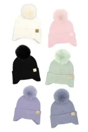 C.C Exclusive Girls Boys Kids Soft Knit Ear Flap Knit Beanie Hat with Fur Pom