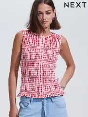Red and White Gingham Sleeveless Button Down Smock Top (F07356) | $54
