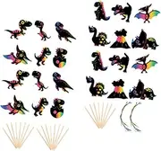 2Sets Scratch Painting Dinosaur Scratch Paper with Wooden Stylus Ribbon Fun Craft for Family Activities Creative Exploration Scratch Boards