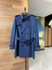 在飛比找Yahoo!奇摩拍賣優惠-Burberry博柏利男士藍色羊毛羊絨肯辛頓雙排扣風衣大衣