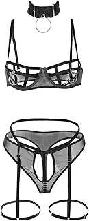 [Generic] Role Play Lingerie for Couples Women's Sexy Four Piece Set with Chest Ring Sexy Underwear Handmade Underwear with Hanging Neck Sexy Underwear Bra and Panty Set Wet Look Lingerie for Women Open Crotch