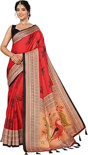 [Mithila Root] Women's Art Silk Sari Peacock Printed Casual Wear Saree With Unstitched Blouse Piece 5.79 Yards