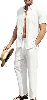 [URRU] Men’s 2 Piece Linen Outfit Summer Beach Short Sleeve Button Down Shirt and Pants Set, White, Small