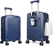 [Tabibito] 2pcs Luggage Sets Lightweight PC+ABS Durable Suitcase Double Wheels,Carry On Luggage with USB Charging Port & Cup Holder & Side Hook, 20" 26", Navy