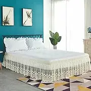 IUOUTG Wrap Around Ruffled Lace Bed Skirt, Elastic Dust Ruffle with Adjustable Belts,17 Inch Drop Easy to Put On Bed Skirt