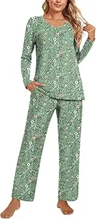 [POPYOUNG] Womens Fall-Winter 2 Piece Pajama Sets, Long sleeve V-neck Tunic Tops with Comfy Pants, Lounge Sleepwear Ladies Pjs Sets with Pockets, Fl Mix Green, 3X-Large