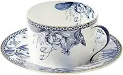 [fanquare] 6 oz Blue Floral Bone China Tea Cup with Saucer, Hand Print Procelain Cups for Tea Party, British Coffee Cup and Saucer