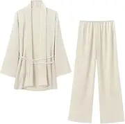 [Generic] Women's Sets Tie Pleated Kimono Style Jacket High Waisted Wide Leg Pants Set Two Pieces