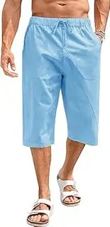[Fommykin] Men's Cotton Linen Capri Pants Baggy Harem Drawstring Yoga Beach Pants with Pockets