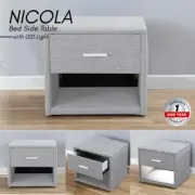 Priceworth Nicola Fabric Bed Side Table with LED Light Polyester Upholstery Grey