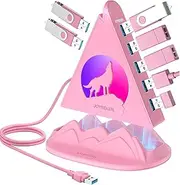 7 Port USB 3.0 Hub,Pink USB Hub with Wolf Shaped RGB Night Light, 2ft Long Cable and Pink Base,for Laptop, PC, Flash Drive, HDD, Console, Printer, Keyborad, Mouse and More(Charging Not Supported)
