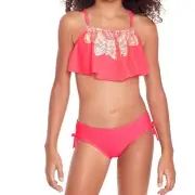 Glitter Beach Big Girls Flounce Bikini Set Foil Print, Coral Pink 2 Pc, Size 12