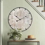 [EMAX HOME] 24 Inch Large Farmhouse Wall Clock, Rustic Antique Wood with Metal Circle and Large Engraved Numerals, Silent Battery Operated Wall Clock for Office Kitchen Bedroom Living Room