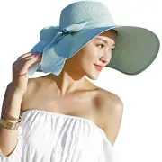 Womens 5.5 Inches Big Bowknot Straw Hat Large Floppy Foldable One Size Green