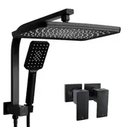 Black Bath 12'' Rectangle Rainfall Shower Head 3-Mode Handheld Set Gooseneck Arm Wall Rail Diverter With Twin Taps WELS
