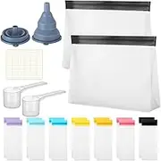 21 Pcs Protein Powder Travel Container Set Single Dose Reusable Powder Supplement Packets Portable Travel Organizer Zip up Bags with Funnels, Spoons and Sheet Labels