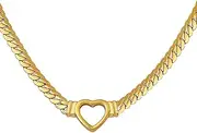 [Loqimu] Flat Cuban Link Chunky Chain Necklace Gold Stainless Steel Hollow Heart Charms Choker Clavicle Jewelry for Women Teen Girls