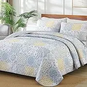 Dobuyly California King Quilt Set 3 Pieces, Yellow/Blue/Grey Patchwork Bedspreads, Boho Summer Coverlet Set, Soft Lightweight Microfiber Cal King Bedding Set for All Seasons 112"x96"
