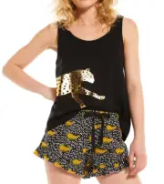 NEW PETER ALEXANDER WOMENS BLACK GOLD LEOPARD TANK + FLUTTER SHORTS PJ SET LARGE