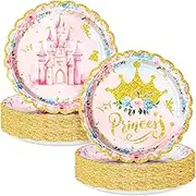 Newtay 50 Pcs Princess Party Plates Gold Edge Tableware Princess Birthday Party Plates for Girls Birthday Decoration Girls Baby Shower Supplies