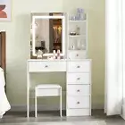 Dressing Table with LED Sliding Mirror and Stool, Vanity Desk with Drawers White