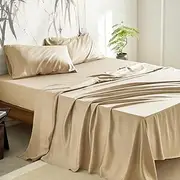 Wake In Cloud - 100% Bamboo Sheets, Ultra Soft Sheet Set Bedding for Hot Sleepers, Deep Pocket, 4 Pieces, Tan, Queen Size
