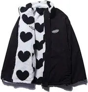 [Sumleno] Women's Fleece Sherpa Jackets Reversible Kawaii Heart Print Fuzzy Zip Up Cutecore Coats Aesthetic Y2k Gyaru Clothes