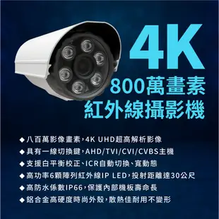 全方位科技-公司現貨快速出貨附發票 防水夜視AHD 4K 800萬畫素紅外線攝影機 8MP 監視器 6陣列鏡頭DVR台製