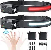 [2023 Upgraded] 2PCS LED Headlamp Rechargeable, 230° Wide Beam Head Lamp with Red Light Option, 6 Modes Adjustable, Motion Sensor, Headlamp Flashlight Suitable for All Outdoor Activities and Daily Use