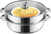 ZENFUN Steamer for Cooking, 2 Tier Stack and Steam Pot Set With Glass Lid, Stainless Steel Double Handle, 11 Inch (Thickened)
