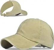 [Enwokran] Backless Ponytail Hat Washed Cotton Baseball Cap for Women Curly Hair Adjustable High Messy Bun Afro Puff Pony Cap