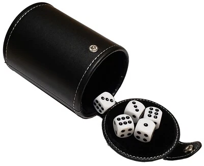 (6) 16mm White Pip Dice + PU Leather Black Felt Lined Dice Cup Compartment New