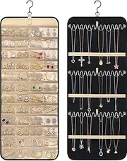 [Heeke] Hanging Jewelry Organizer Storage Roll - Upgraded Double-Sided Jewelry Holder with Hanger Metal Hooks for Earrings, Necklaces, Rings on Closet, Wall, Door, 1 piece (Black(14.37 x 32.8in))