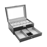 Black Leather 12 Mens Watch Box with Jewelry Display Drawer Lockable Watch Case Organizer