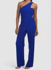 $195 Aidan by Aidan Mattox Women's Blue One Shoulder Crepe Jumpsuit Size 10