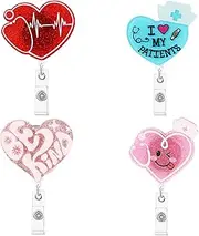LIGHUFEIC 4 Pcs Heart Cardiac Badge Reel Holder Set,Cute Heart Retractable with ID Name Card Tag Clip - Ideal for Medical Professionals Medical Hospital Office Accessories
