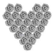 25Pcs Glitter Roses, Foam Artificial Flowers Roses Heads with Stem, Silver