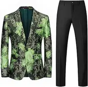 [JEShifangjiusu] Men Set Of Two Crushed Flower Dresses Set One Capsule Dinner Button Tuxedo Coat And Pants Luxury Printed Wedding Suit Coat, Green1, 3XL