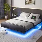 Queen Size Floating Bed Frame with USB Charging Station and LED Lights, Moder...