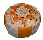 Pouf Moroccan Hassock Pooff Leather Pouff Ottoman Footstool MED Beige Orange