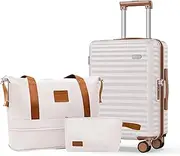 [SHOWKOO] Carry On Luggage Hardshell Lightweight Luggage Set, Suitcase with Double Spinner Wheels TSA Approved Lock White 3 Piece Set Beige White (DB/TB/20in)