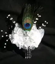 Peacock Feather Wedding BOUTONNIERE, White flower, CORSAGE,PROM,Quinceañera,Gift