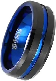 [King's Cross] Gorgeous 6mm/8mm Black Tungsten Ring w/Brilliant Thin Blue Line Stripe & Blue Inner Band (Tungsten (8mm), 12)