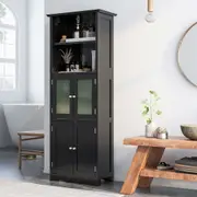 Costway 163CM Bathroom Tall Storage Cabinet 4-Door Shelf Cupboard Pantry Cupboard w/Tempered Glass Black