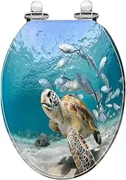 Elongated Toilet Seat Turtle closeup with school of fish Resin Toilet Seat with Quietly Close Quick Release Hinges Decorative Toilet Seat with Cover Easy to Clean and Install
