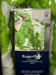 5-pc TWIN SIZE Rugged Bear Dinosaur Comforter & Sheets Shams (COTTON SHEET SET)