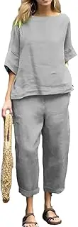 [HanzhuoLG] Women's Cotton Linen Tracksuit Set Summer Solid Color Casual Loose Half Sleeve Linen Shirt & Pants Two Piece Set Gray XX-Large